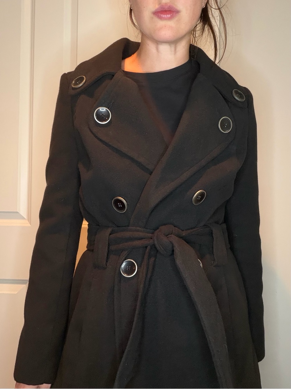 Jou Jou Double-Breasted Black Women's Belted Coat